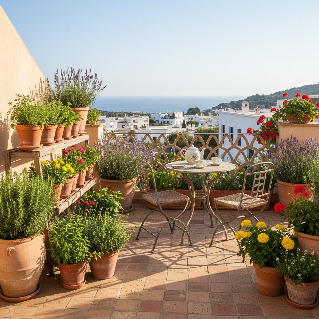 fammi una immagine fotografica di un terrazzo medio con piante aromatiche in vaso e fiori